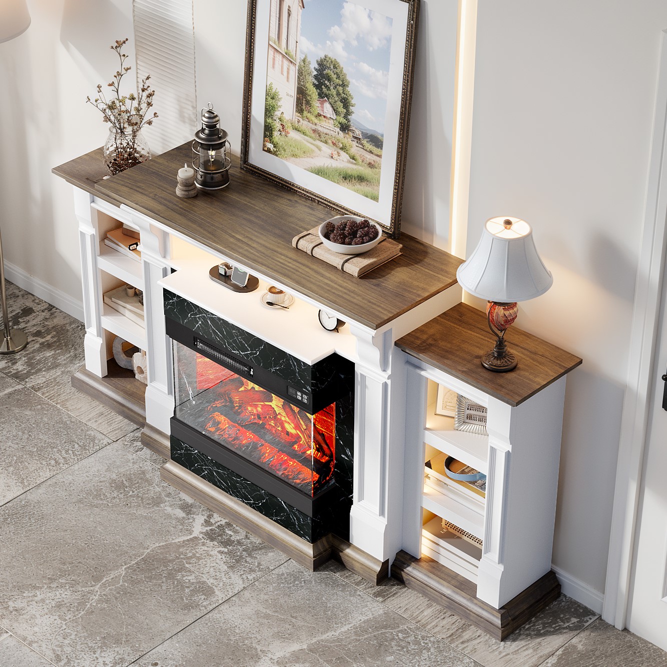 Holliwill 72" Fireplace TV Stand with 3-Sided Glass, White Brown photo 2
