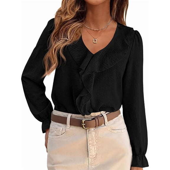 PRETTYGARDEN Women Early Fall Fashion Dressy Casual Blouses,Comfy Lightweight,Lantern Long Sleeve Shirts,Cute Ruffle V Neck,Going Out Tops,Business Work Outfits,Trendy Daily Clothes