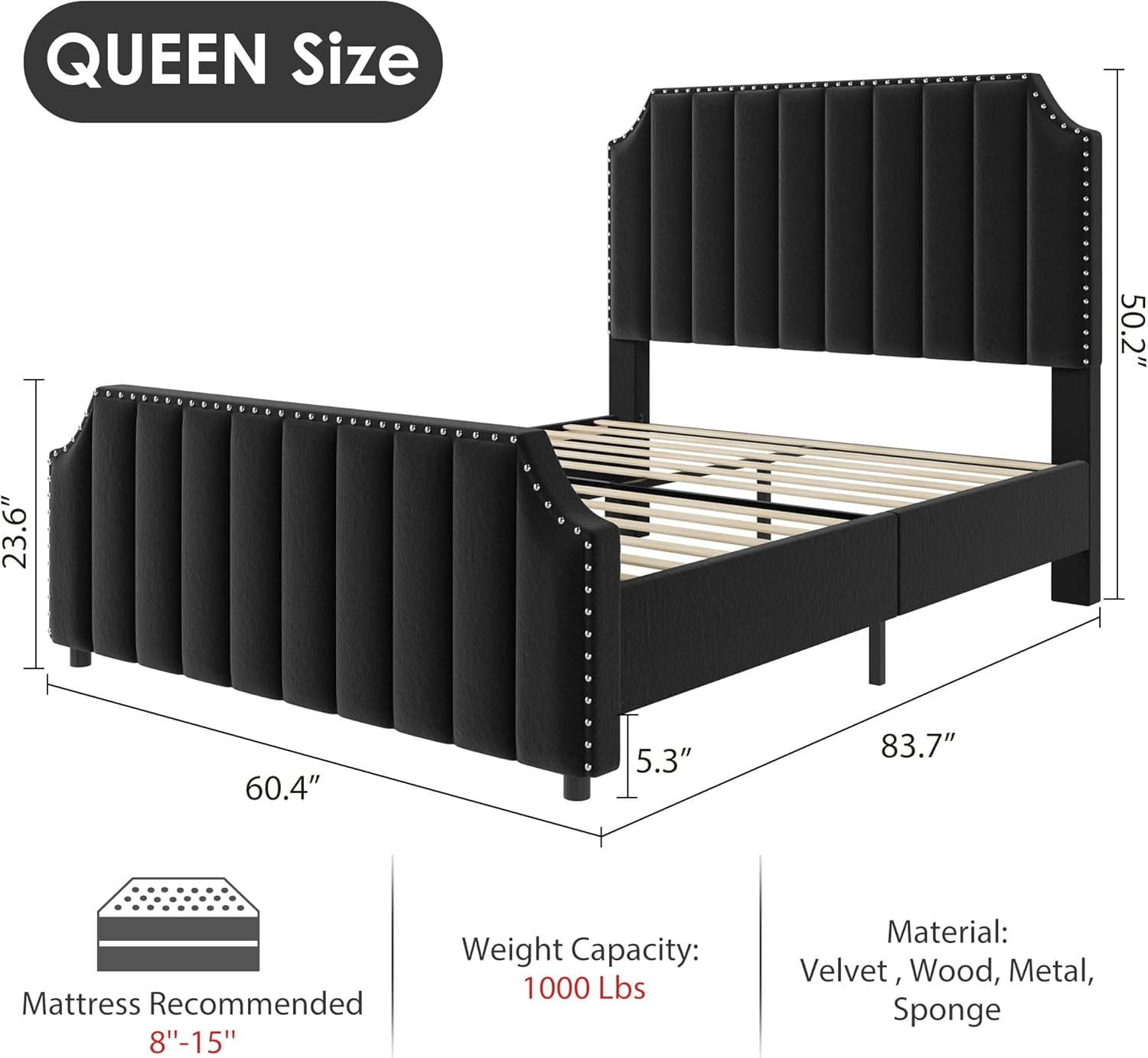 Garvee Queen Size Platform Bed Frame, Velvet Upholstered with 50.2" Channel Tufted Headboard, Nailhead Trim, Sturdy Wood Slats, No Box Spring Needed, Black