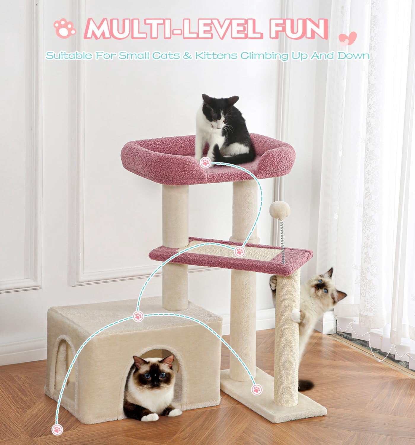 Made4Pets 29" High Multi-Level Climbing Furniture Carpet Cat Tree for Indoors Cats, Pink