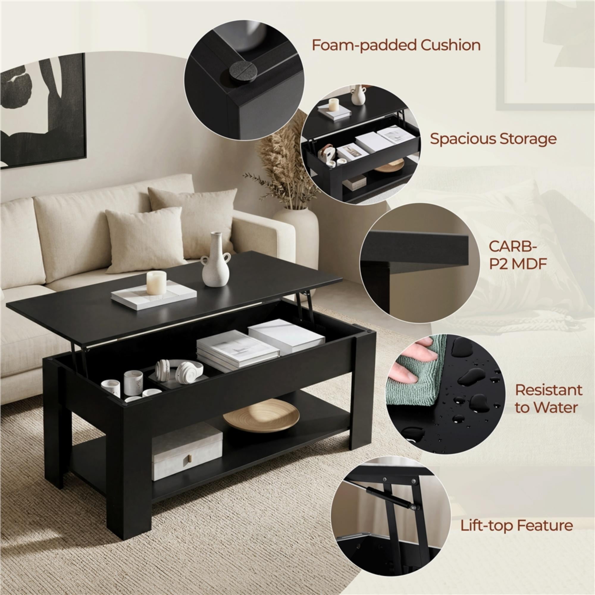 Alden Design Modern 47.5" Wood Lift Top Coffee Table with Lower Shelf for Livingroom, Black