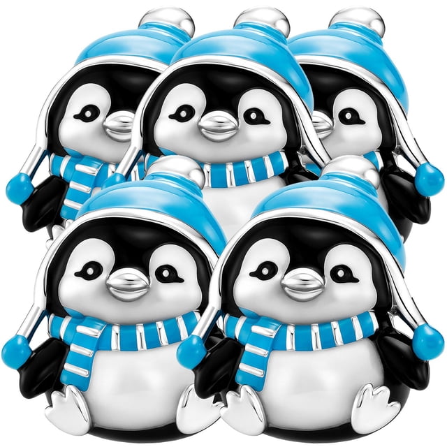 Charm navidad invierno regalo XmasPenguin01 5Pzas Plata S925 Chapa Separador Fijo Pingüino Navideño Plata/Azul Caja Blan