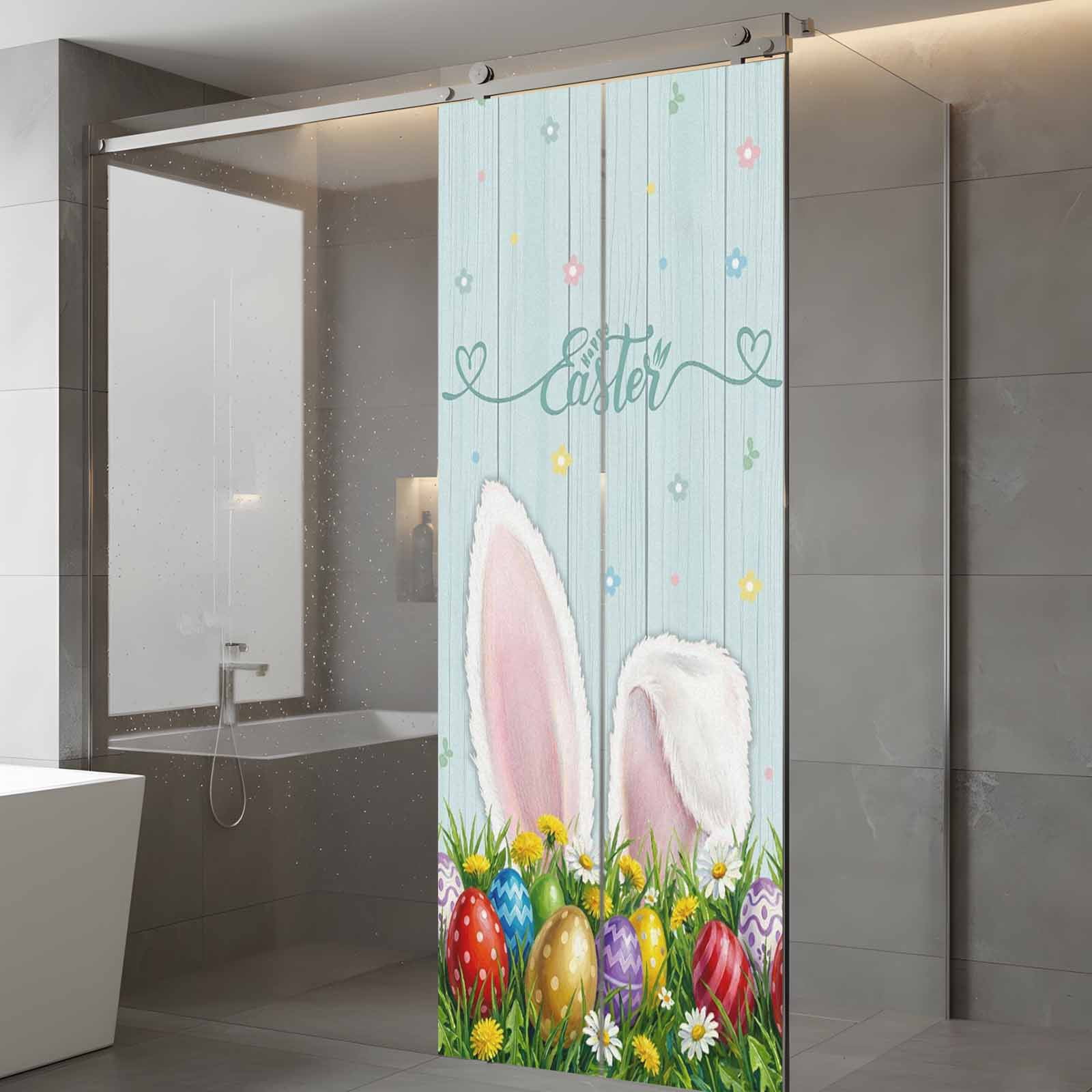 Easter Bunny Window Privacy Film, Watercolor Rabbit Colored Eggs Spring Country Leaf Wood Grain Frosted Glass Window Clings Static Cling UV Heat Blocking Reusable Sticker for Bedroom 23.6x59 Inch