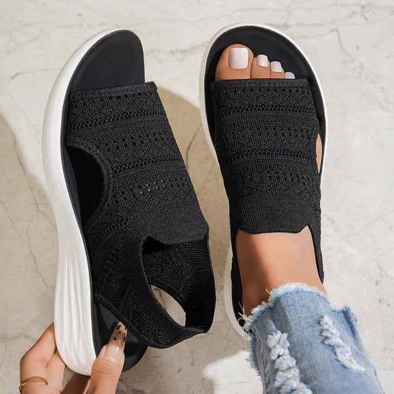 BADHUB Women's Wedge Sandals Breathable Mesh Knit Open Toe Sandals Lightweight Comfortable Summer Casual Walking Shoes Black 41