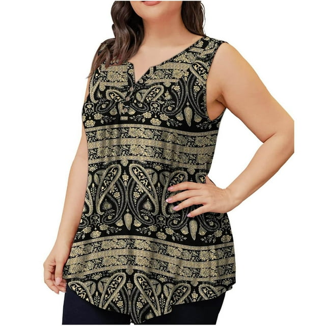 Birdeem Plus Size Womens Tank Summer Printed Sleeveless Flared Trendy Casual Blouse Button Tunic Shirt Tops