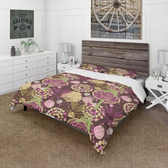 Designart 'Retro Paris Eiffel Rose with Hearts' Vintage Duvet Cover Set