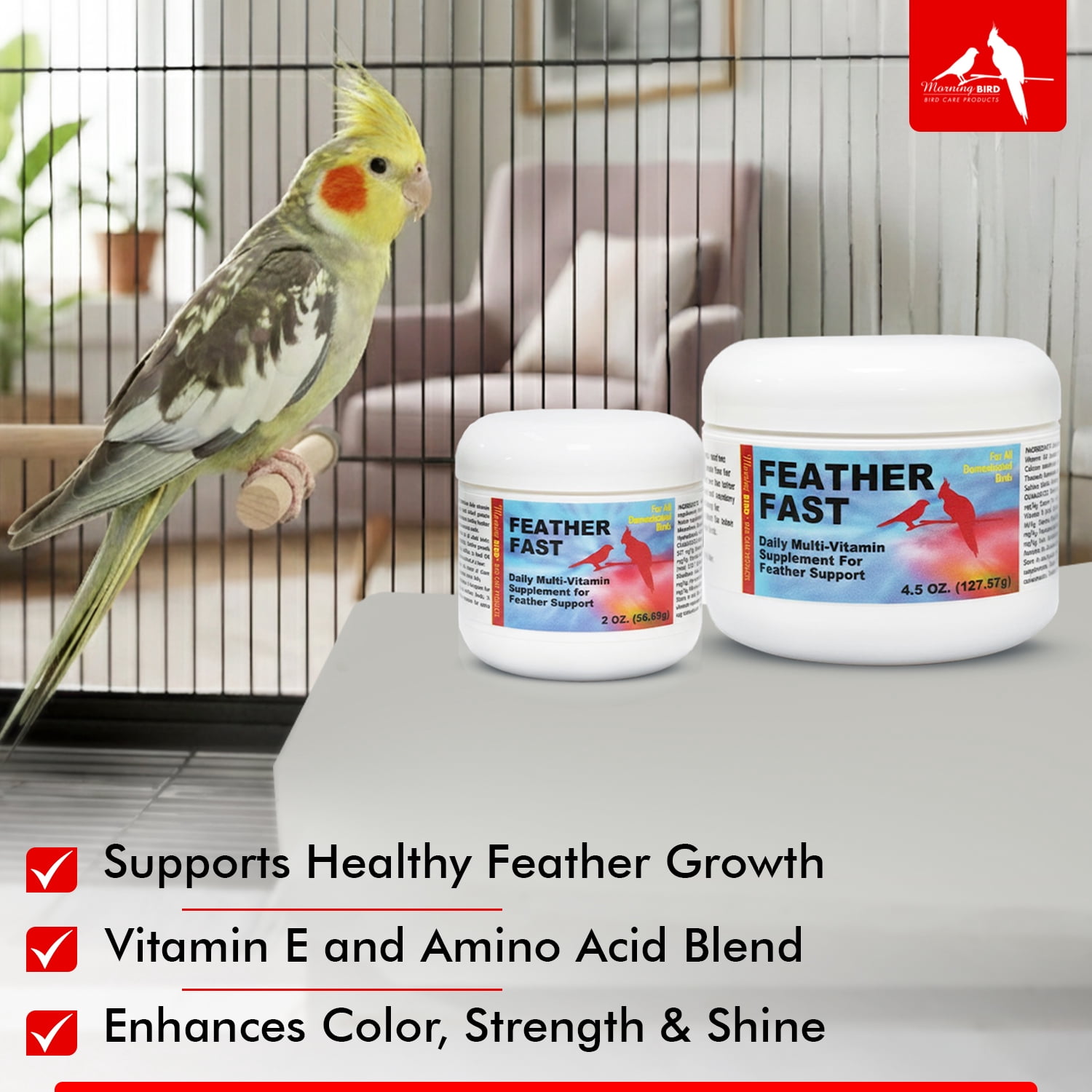 Morning Bird Feather Fast 4.5 oz – Daily Multi-Vitamin During Molt - Molting Support Supplement for Birds–Amino Acid & Vitamin Powder Promotes Feather Growth, Strength, and Full Plumage for All Birds