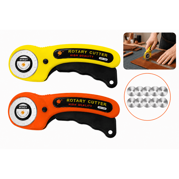 2 Pack 45mm Rotary Cutter Set with 10 Replacement Blades, Ergonomic Fabric Cutter with Squeeze Trigger for Quilting, Sewing, Leather, Paper Crafts