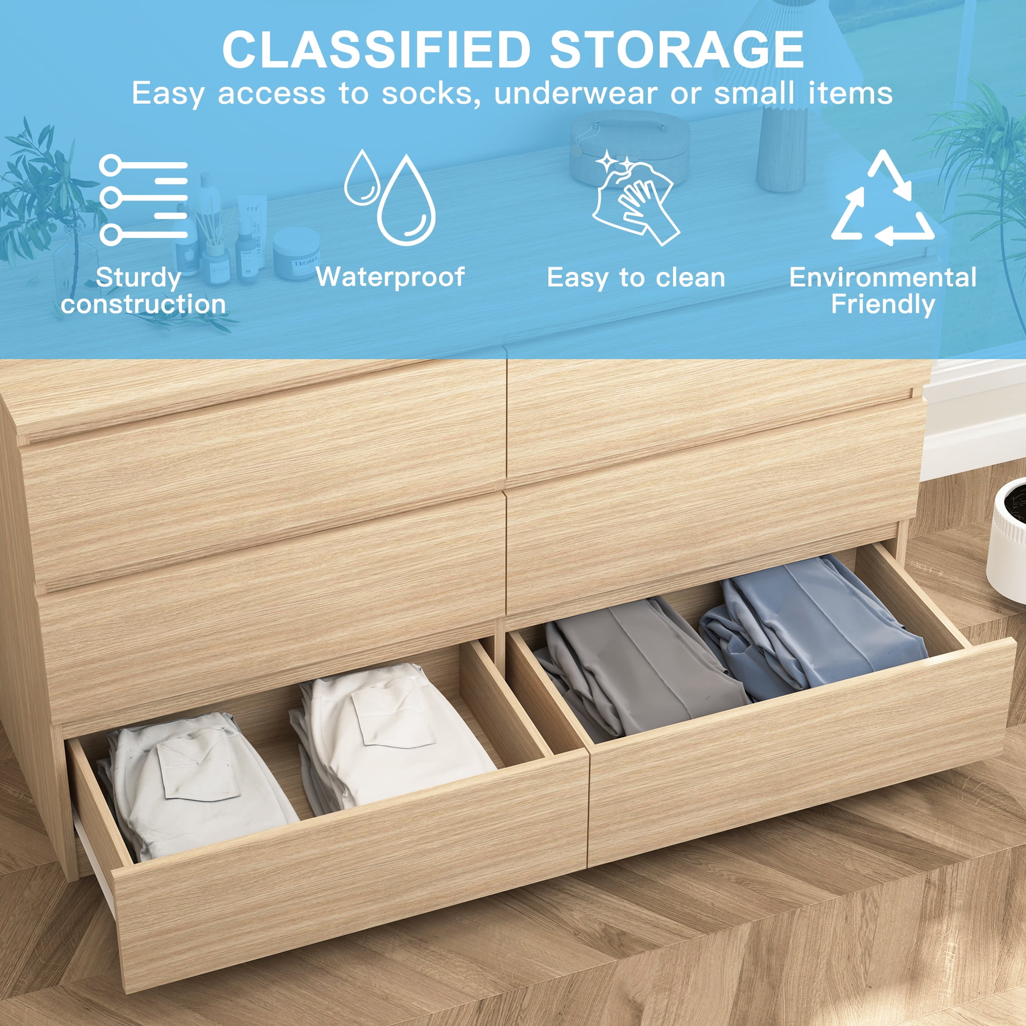 Demi Bonn 6 Drawer Double Dresser, Modern 6 Chest of Drawers with Deep Drawers, Wide Storage Organizer Cabinet for Living Room, Beige