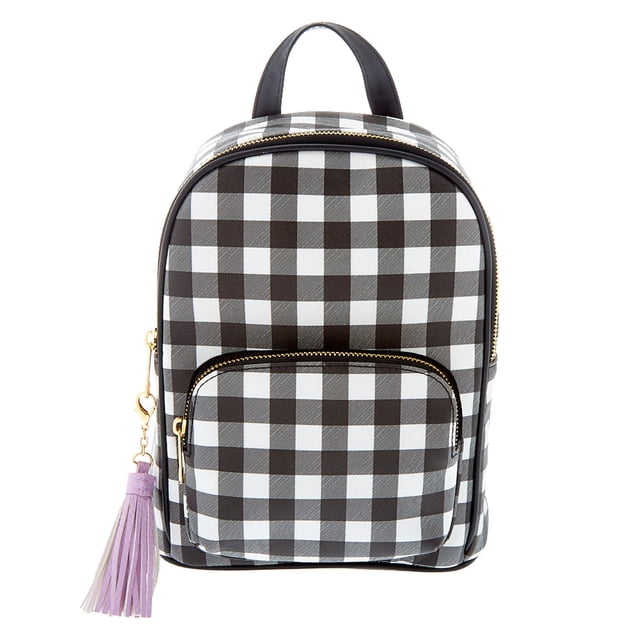 Claire's Checkered Small Black and White Backpack with Purple Tassle