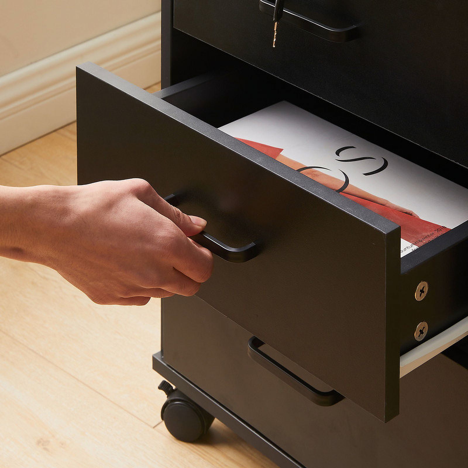 Clipop Set of 2 Mobile File Cabinet 3 Drawers,Lockable Wooden Cabinet,for A4 Sized Documents,Black