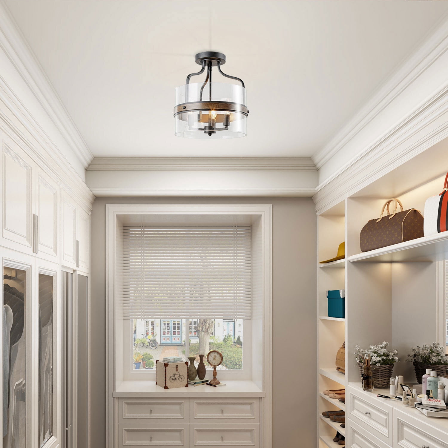 LNC Faux-Wood Ring Ceiling Light Clear Glass Shade, 3 Lights Ceiling Lighting Fixtures for Dining Room