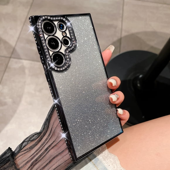 Designed for Samsung Galaxy S25 Ultra Glitter Case for Women Girls, Soft TPU Diamond Edge Plating Luxury Gradient Colour Sparkly Shockproof Slim Bumper with Camera Protection Phone Cover,Black