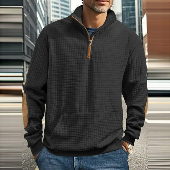 Zedker Mens Quarter Zip Casual Sweatshirt Long Sleeve Waffle Pullover Hoodies Mock Neck Knit Sweater with Pocket Black L