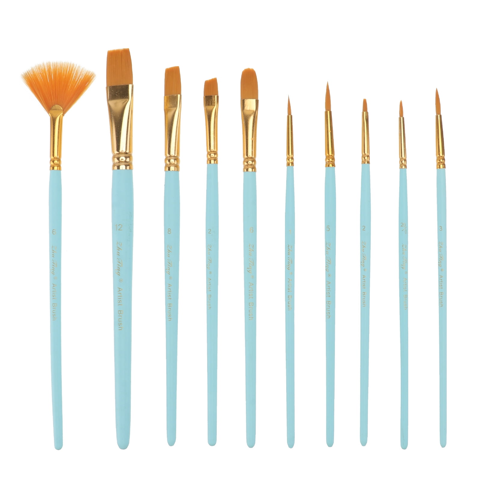 12pc Short Handle Nylon Hair Artist Paint Brush Set Blue Handle w/ Carry Case