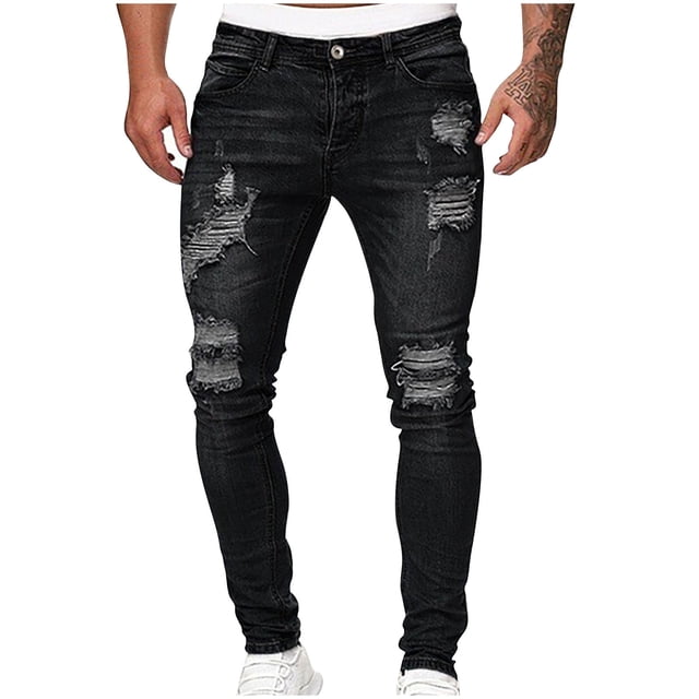 Xuniizn Jeans for Men Solid Color Stretch Ripped Hole Jeans Trendy Slim Casual Pants with Pockets