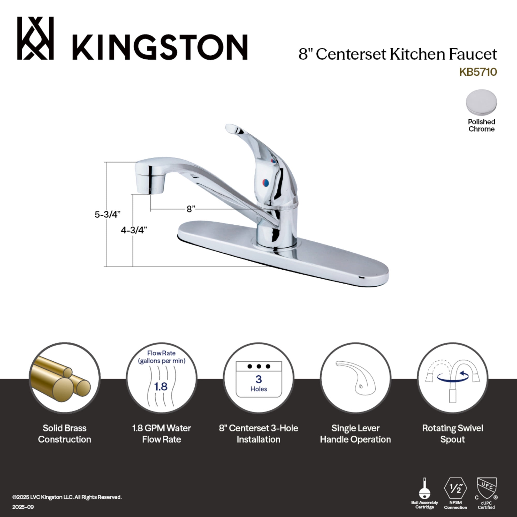 Kingston KB5710 Chatham One-Handle 3-Hole 8" Centerset Kitchen Faucet in Polished Chrome