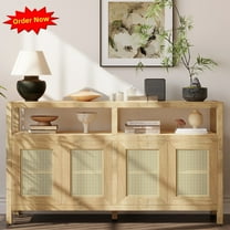 Tcbosik Rattan Sideboard Buffet Cabinet, Storage Cabinet with Adjustable Shelves, Farmhouse Coffee Bar Cabinet with 4 Doors for Living Room, Hallway, Kitchen, Natural
