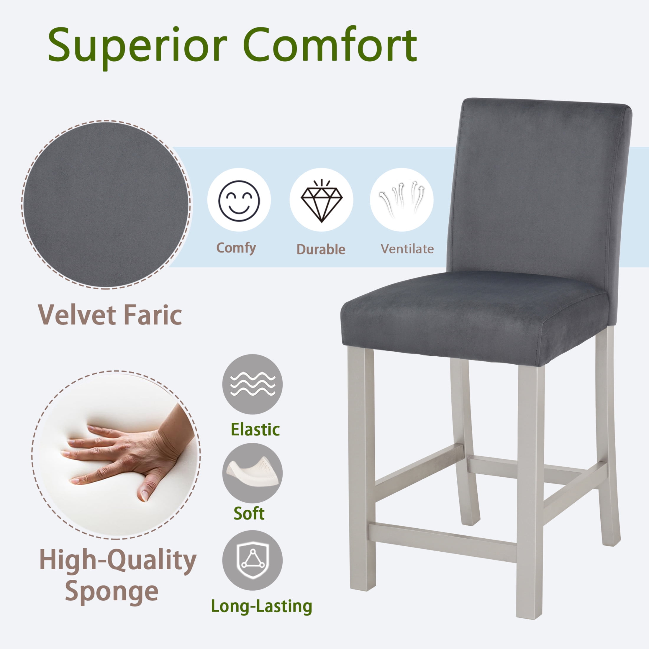 Noble House Counter Height Chairs Set of 4, Upholstered Kitchen Bar Stools with Solid Wood Legs, Silver Gray