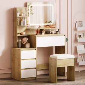 Makeup Vanity Desk with LED Mirror & Lights &ndash; 36" Modern Dressing Table with 4 Drawers, Storage Shelves, Power Outlet, USB Ports & Stool for Bedroom