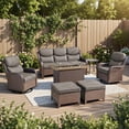thumbnail image 3 of POCASSY 7-Piece Patio Furniture Set with Fire Pit Table, Luxury High Back Rattan Wicker Outdoor Conversation Set with 5-inch Thick Seat Cushion Sofa and Swivel Glider Patio Chair for Porch, 3 of 18