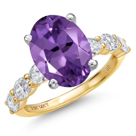 Gem Stone King 14K Two Tone Gold Purple Amethyst and Lab Grown Diamond Engagement Ring for Women | 4.95 Cttw | Oval 12X10MM | Gemstone February Birthstone | Size 9