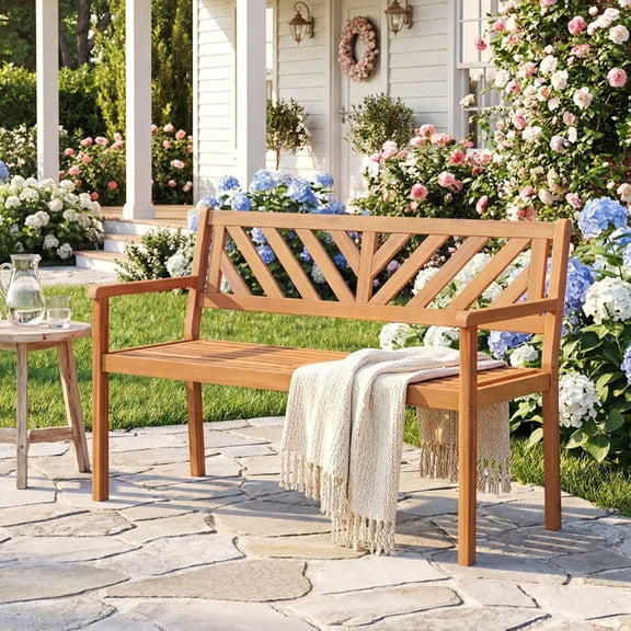 2-Person Patio Acacia Wood Garden Chair with Armrests and Backrest for Porch