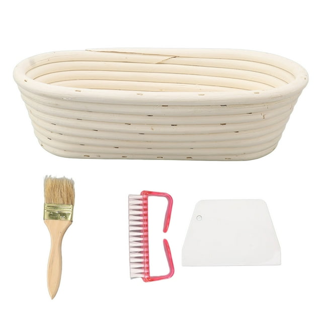 Juego de cestas de fermentación de pan de 25 cm Cesta de fermentación de masa madre de ratán natural ovalada Raspador de masa Cepillo de tela para revestimiento