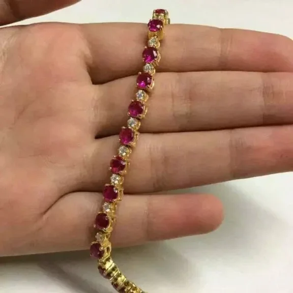 3MM 9Ct Round Cut Simulated Diamond Red Ruby Engagement Tennis Bracelet 14K Yellow Gold Plated 925 Sterling Silver 7"