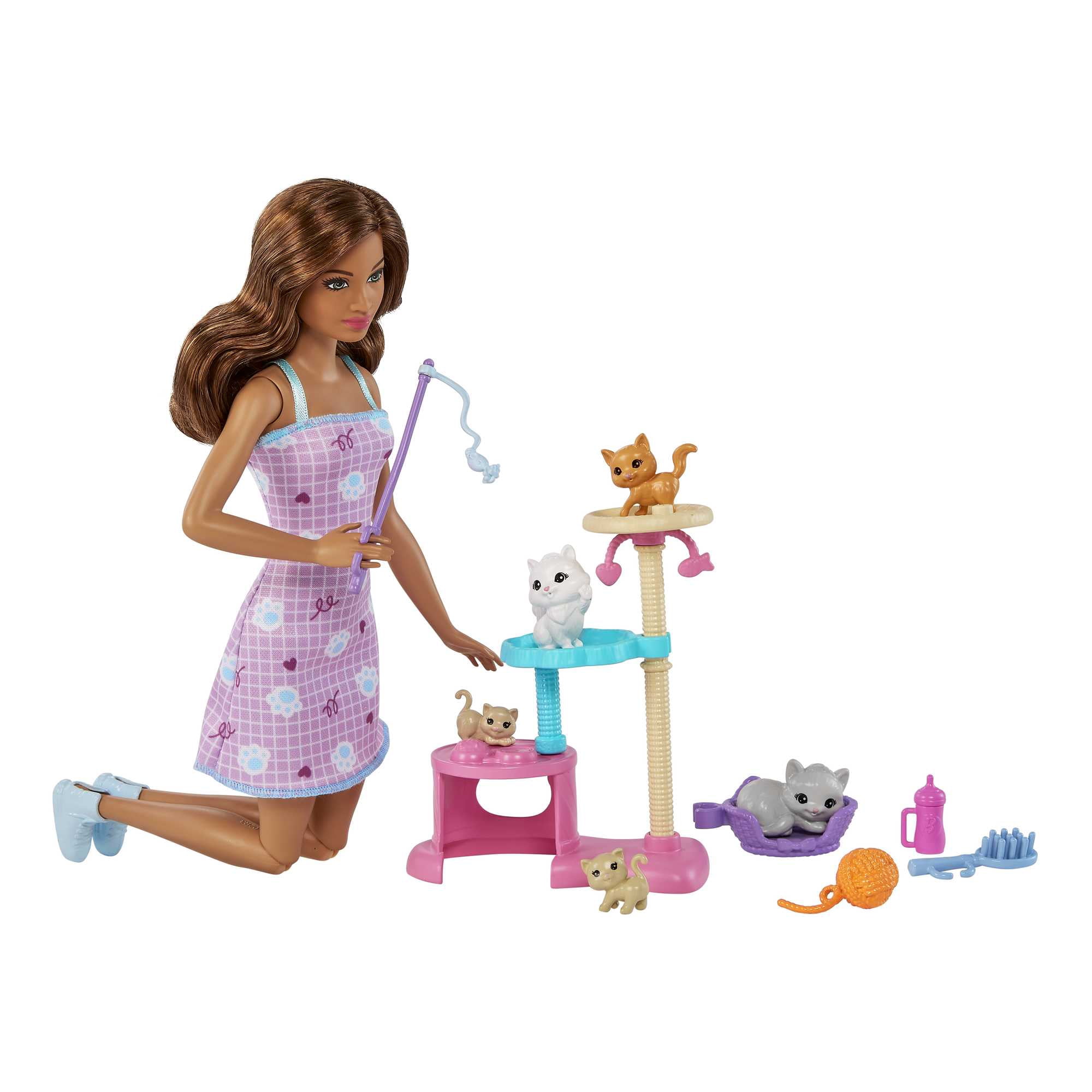 Barbie Kitty Condo Playset with Brunette Fashion Doll, 4 Kittens, Cat Tree & Accessories