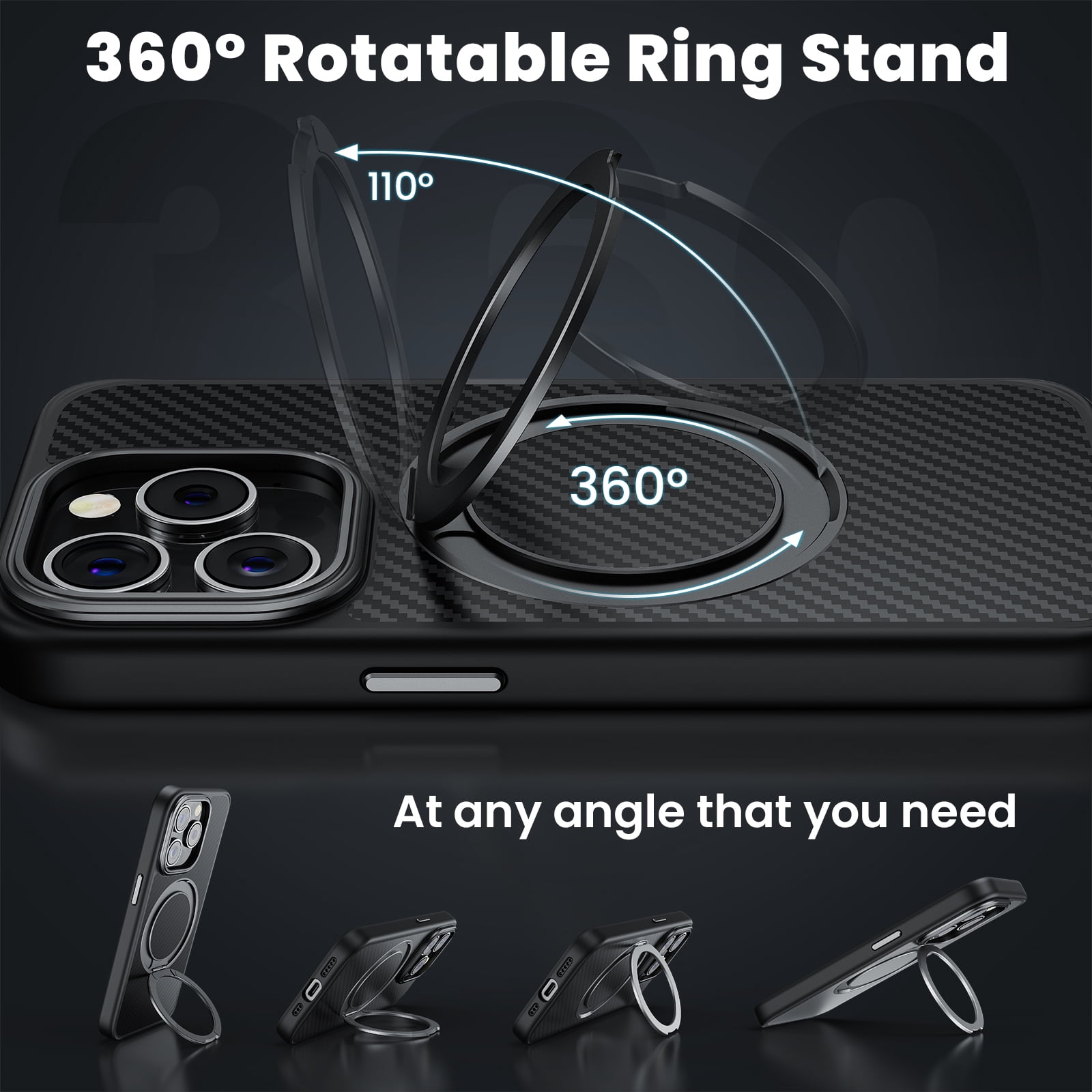 TOPVISION Magnetic Phone Case for iPhone 15 Pro, Kevlar Case with Ring Stand, MagSafe Compatible