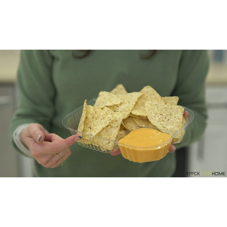Klineus (100 pcs Nacho Trays for Party, 6x5 inches Nacho Trays Disposable,  2 Compartments Clear Plastic Nacho Containers with Chip and Dip Holder