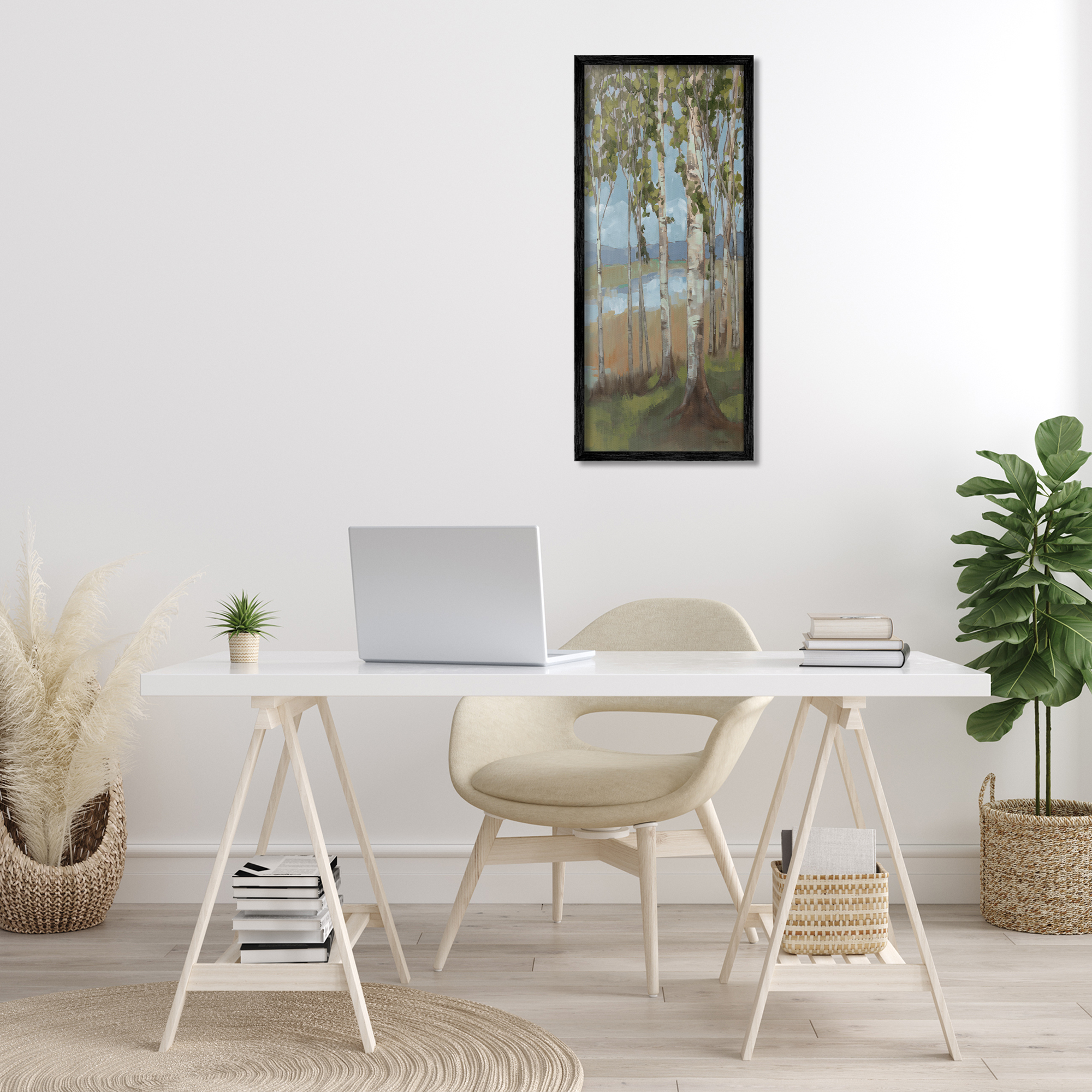 Stupell Industries Rustic Birch Copse Landscape Painting Black Framed Art Print Wall Art, 13 x 30