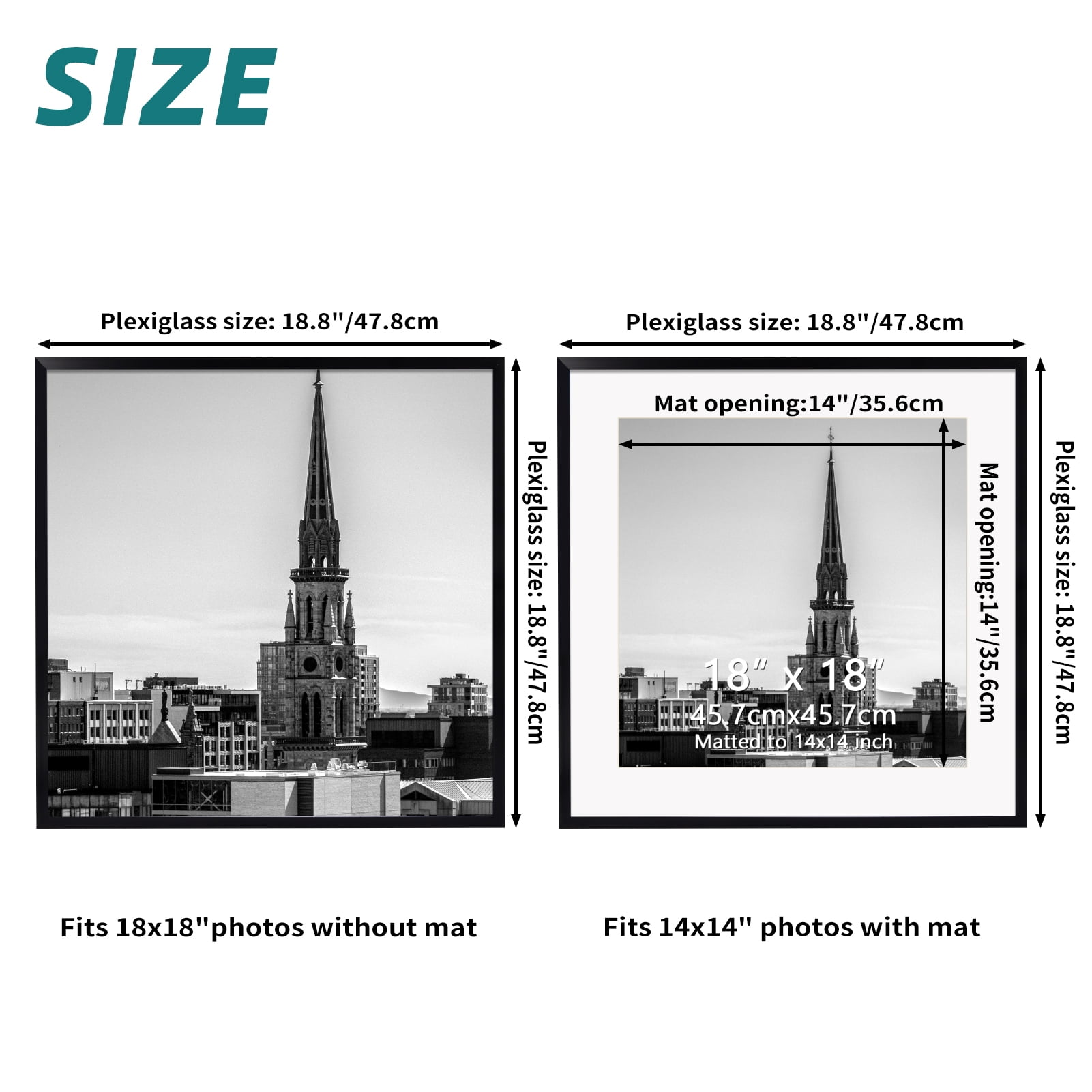 14x14 Black Picture Frame, 1 Pack - 18x18 without Mat / 14x14 with Mat