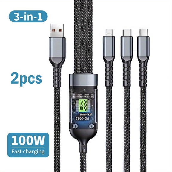 Firsting 100W 3-in-1 USB Charger Cord Cell Phone Charging Cable Fast Charging Data Cable, Black