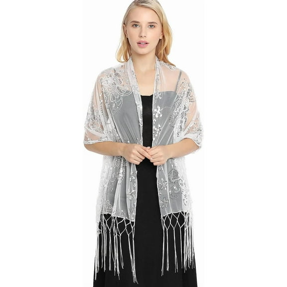 YooGuoGuo Sequin Shawls and Wraps for Evening Dresses 1920s Lace Fringe Scarf Sparkly Wedding Accessories for Women and Bride