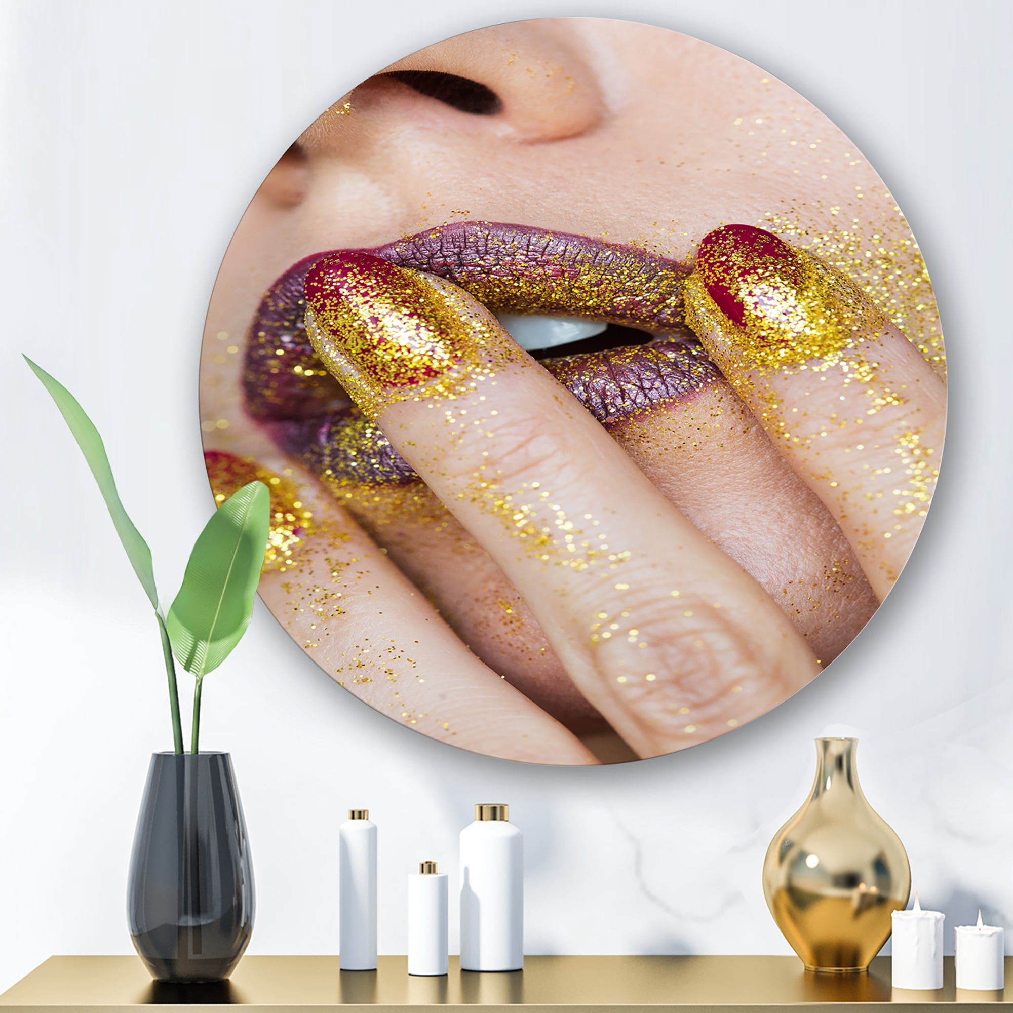 Designart 'Close-Up Of Woman Golden Gold Glitter Lipstick' Modern Circle Metal Wall Art 11x11 - Disc of 11