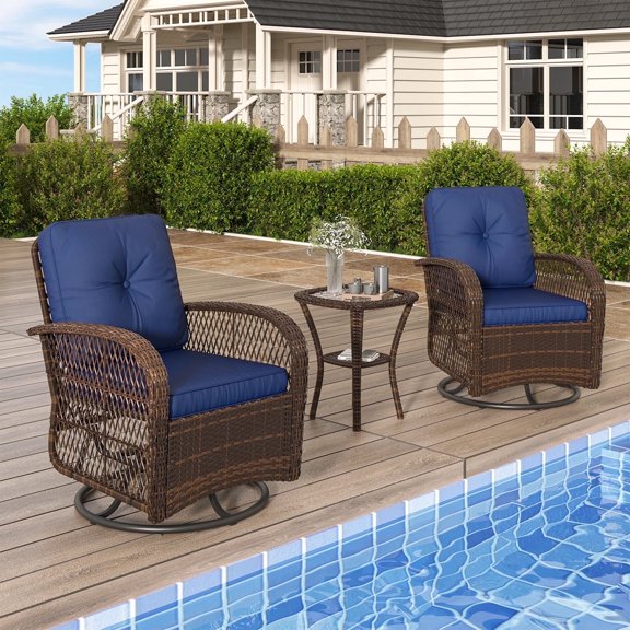 Clouddwell 3 Piece Outdoor Swivel Rocker Wicker Rattan Patio Conversation Set Outdoor Sectional Sofa Set with Coffee Table and Blue Cushions