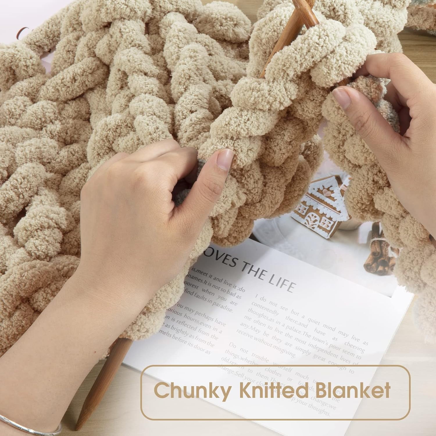 2 Pack Chunky Chenille Yarn for Crocheting, Bulky Thick Fluffy Yarn for Knitting, Bulky Chunky Yarn for Hand Knitting Blanket, Super Soft Plush Yarn (27yds Each Skein)-Khaki
