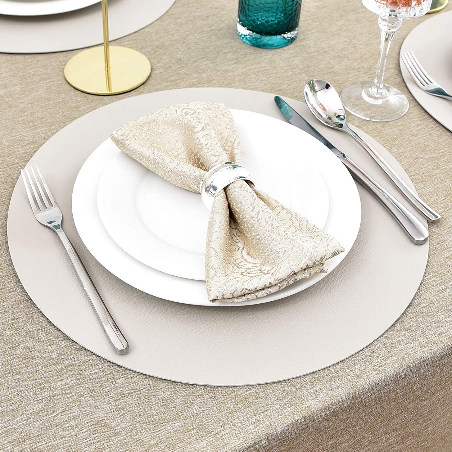Placemats Beige Round Placemats Leather Table Mats Set of 6 Waterproof Heat Resistant Easy to