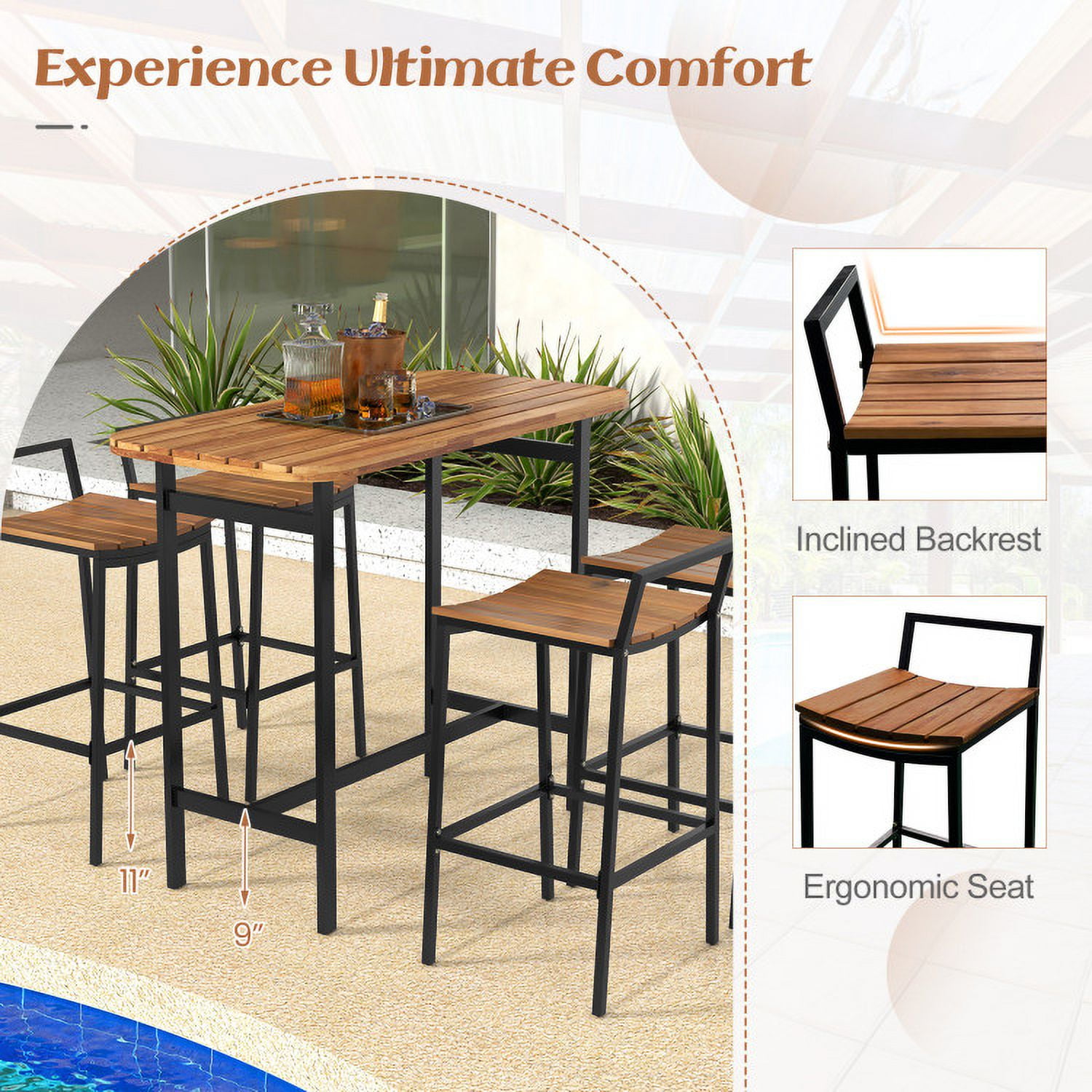 Aimee Lii 5 Piece Acacia Wood Bar Table Set Bar Height Table and Chairs with Metal Frame and Footrest, Outdoor Patio Furniture