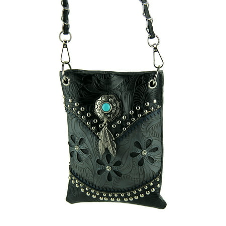 Feathers and Flowers Studded Embossed Small Crossbody Purse