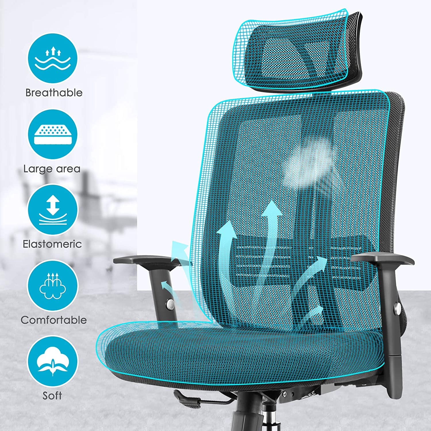 NewGen Ergonomic High Back Office Chair with Adjustable Arms, Headrest Support, S-Shaped Back, 3.2" Thicker Cushion, Back Tilt, Breathable Mesh, Durable Casters for Smooth Mobility. Stylish Black