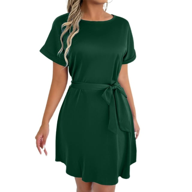 Robe Décontractée Grande Taille pour Femmes à Manches Courtes avec Ceinture Nœud Col Rond Fluide Confortable pour Fête Vacances Printemps Automne Usage Quotidien