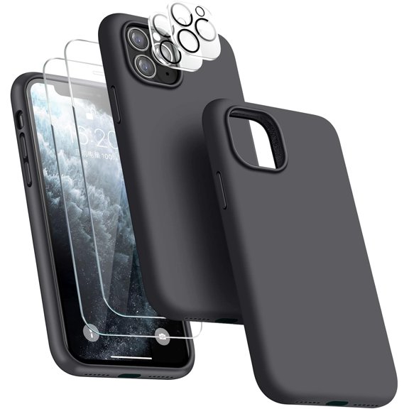 [5 in 1 for iPhone 11 Pro Case 5.8 inch, with 2 Pack Screen Protector   2 Pack Camera Lens Protector, Liquid Silicone Slim Shockproof Protective Phone Case [Microfiber Lining] (Space Gray)