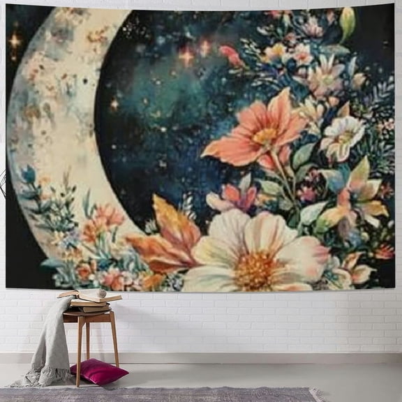 Patifu Moon Flowers Space Art Tapestry Wall Hanging Unique Style for Home Decor - Living Room, Bedroom, Apartment, Farmhouse, Dorm, Four Sizes Available 40x60inch