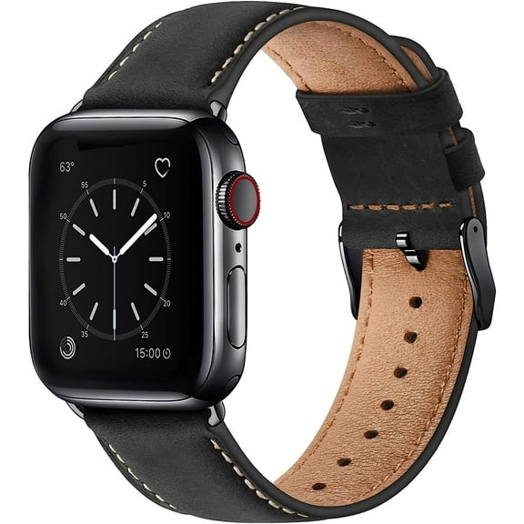 EIKODO-Leather Bands Compatible with Apple Watch Band 41mm 40mm 38mm for Men Women, Top Grain Genuine Leather Replacement Strap for iWatch Ultra SE2 SE Series 8 7 6 5 4 3 2 1 (Black/Black)