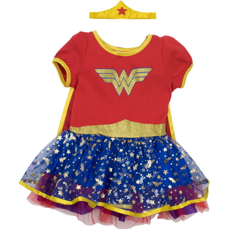 Wonder Woman Toddler Girls' Costume Dress with Gold Tiara Headband and Cape, Red (5T)