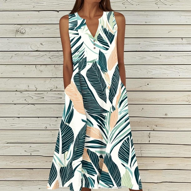 TaTaai Ladies V Neck Sleeveless Maxi Dress Strap Detail Casual Summer Loose Fit Beach Vacation Long Sundress Gift