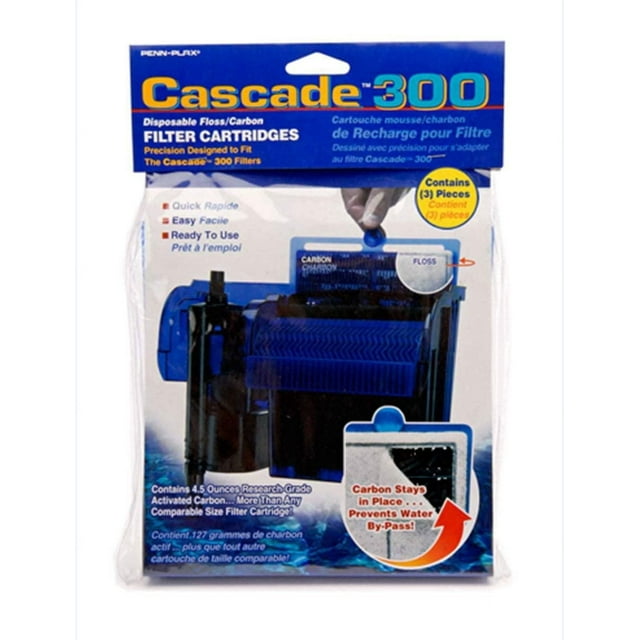 Penn-Plax Cascade 300 hang-on power filter replacement cartridges pack of 3 in clear packaging, featuring disposable floss and activated carbon filters designed to fit Cascade 300 aquarium filters, ensuring easy installation and preventing water bypass for clean freshwater or saltwater tanks.